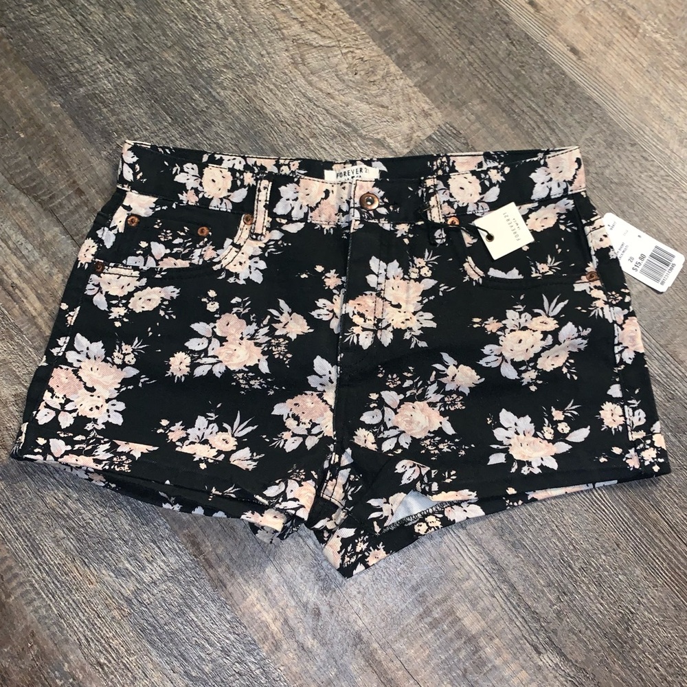 Black with fade pink floral denim shorts - NEW